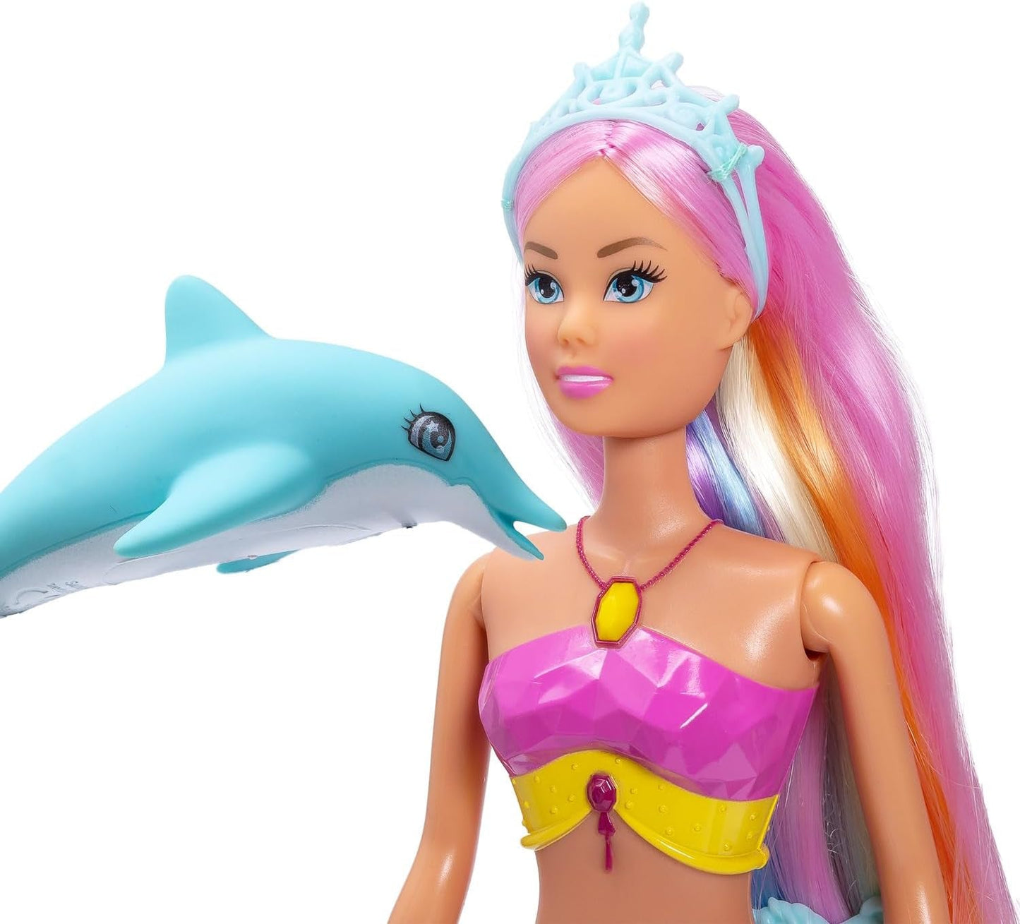 Simba Steffi Love Mermaizing – Păpușă sirenă cu funcție de lumină curcubeu, păr extra lung, figurină delfin și agrafe de păr, 39 cm înălțime, funcție Try-Me, vârste 3+