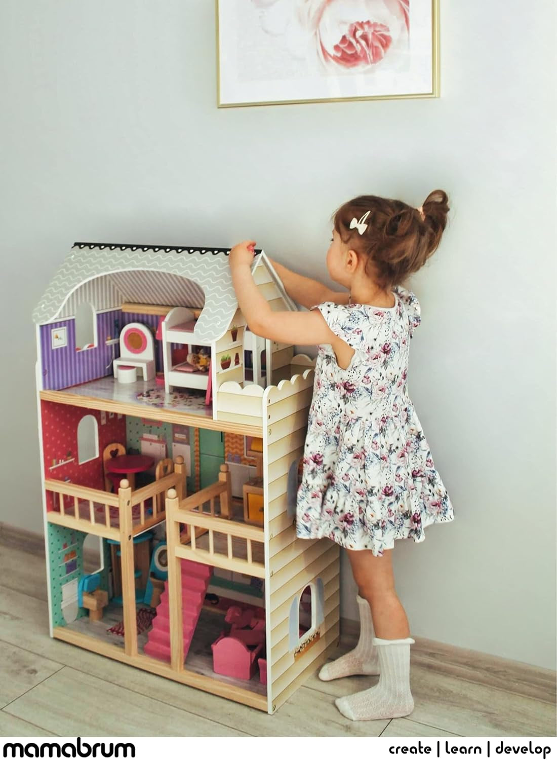 A405 Casă de păpuși cu iluminare LED - 3 etaje și set de mobilier - Casă de joacă din lemn, inclusiv accesorii: bucătărie, baie, dormitor - Cadou pentru fete de la 3 ani în sus Casute de papusi Naty Shop