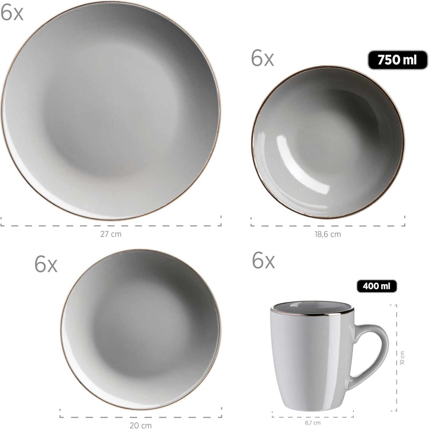 MÄSER Ramă metalică, Set de veselă modern pentru 6 persoane cu ramă de culoarea alamei, Serviciu combinat cu 24 de piese cu forme de cupe fără ramă, Gresie, Gri