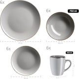MÄSER Ramă metalică, Set de veselă modern pentru 6 persoane cu ramă de culoarea alamei, Serviciu combinat cu 24 de piese cu forme de cupe fără ramă, Gresie, Gri