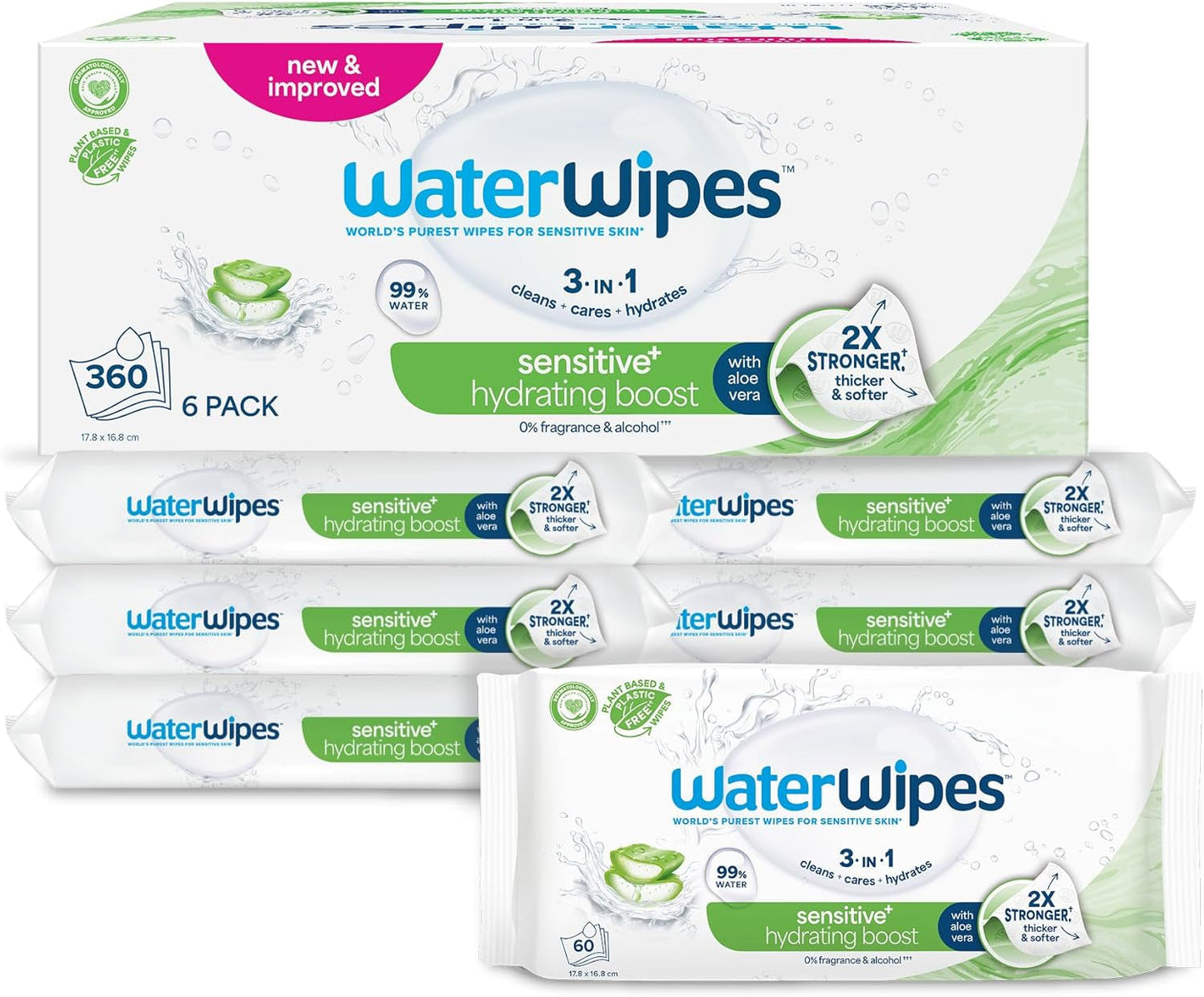 Șervețele umede WaterWipes Sensitive+ Hydrating Boost, șervețele hidratante, 720 bucăți (12 pachete), 3 în 1 curăță, îngrijește, hidratează, 99% apă cu aloe vera, șervețele umede fără parfum pentru bebeluși