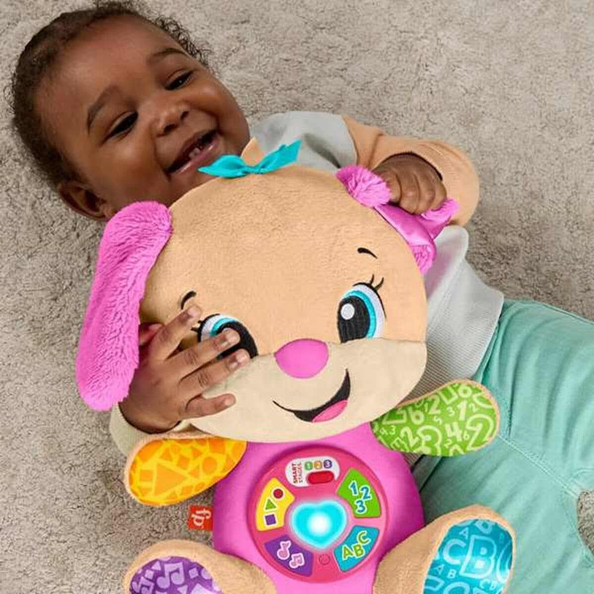 Fisher-Price Laugh & Learn JFD35 jucărie moale cu Smart Stages Jucărie muzicală de învățare pentru bebeluși de la 6 luni, versiune multilingvă: italiană, spaniolă, portugheză, engleză, JFD35 Jucarii Bebe Naty Shop