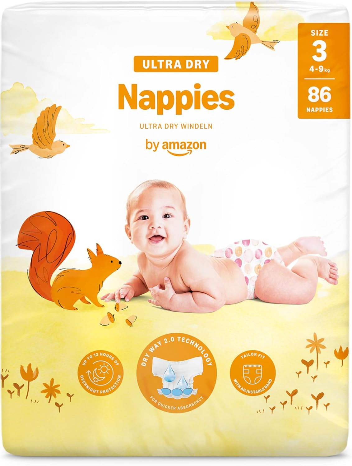 Scutece Ultra Dry de la Amazon, mărimea 3 (4-9 kg) - Cutie lunară, alb, 172 bucăți (2 pachete a câte 86) (Anterior sub marca Mama Bear, produs identic)