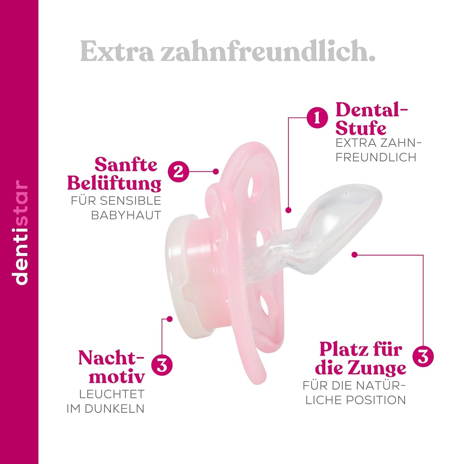 Suzete de noapte din silicon dentistar, pachet de 3 - mărimea 3, de la 14 luni - Suzete care strălucesc în întuneric cu treaptă dentară - fără BPA - fabricate în Germania - Lună, galben