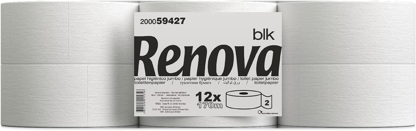 Hârtie igienică Renova Jumbo BLK, 12 role la 170 M, hârtie albă, 2 straturi