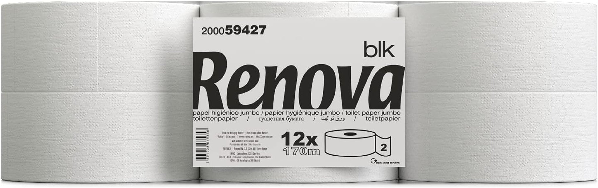 Hârtie igienică Renova Jumbo BLK, 12 role la 170 M, hârtie albă, 2 straturi
