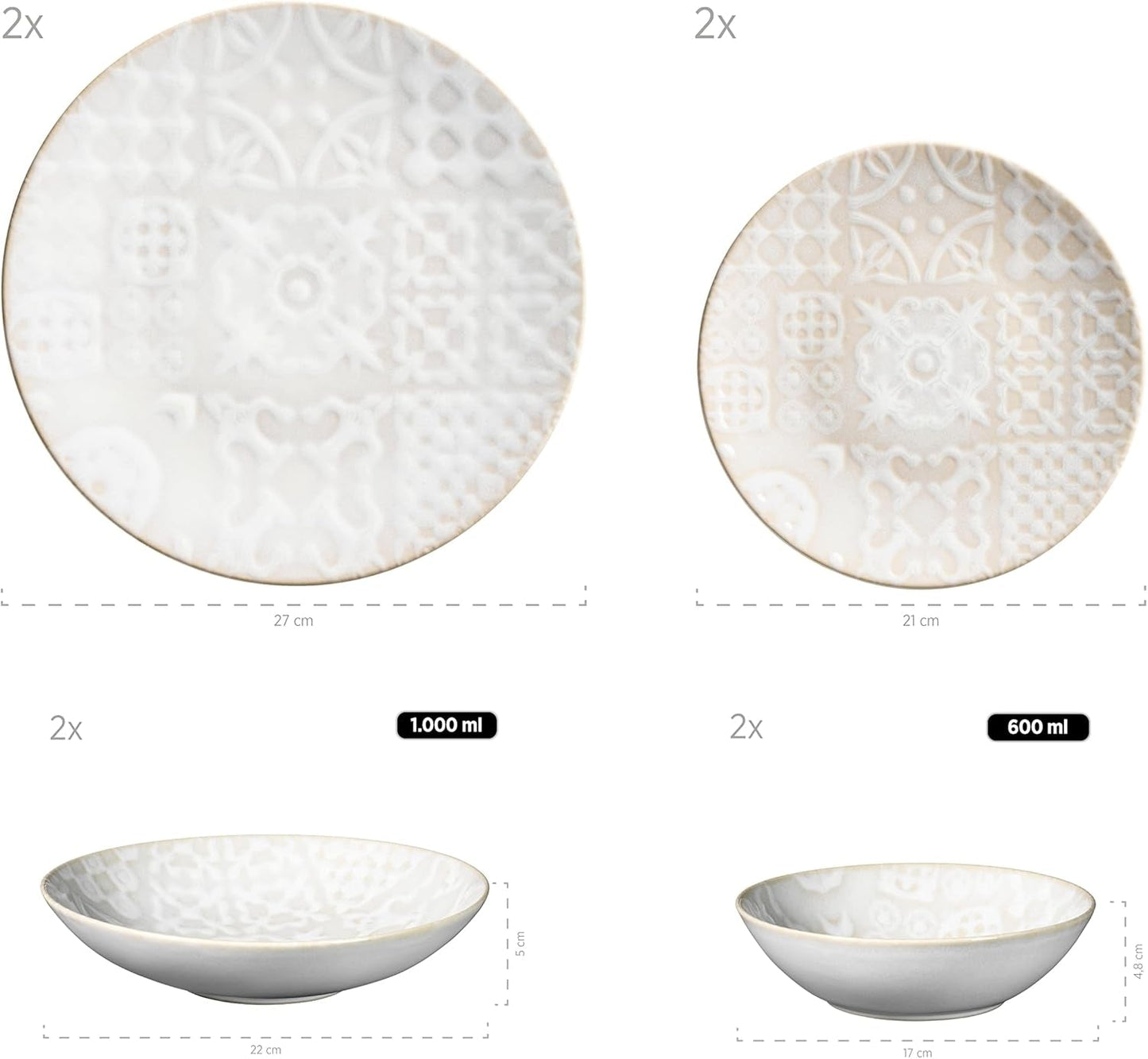 MÄSER 935079 Set de veselă vintage modern pentru 2 persoane, design maur, serviciu de masă cu 8 piese, farfurii și boluri din ceramică de înaltă calitate, gresie, alb