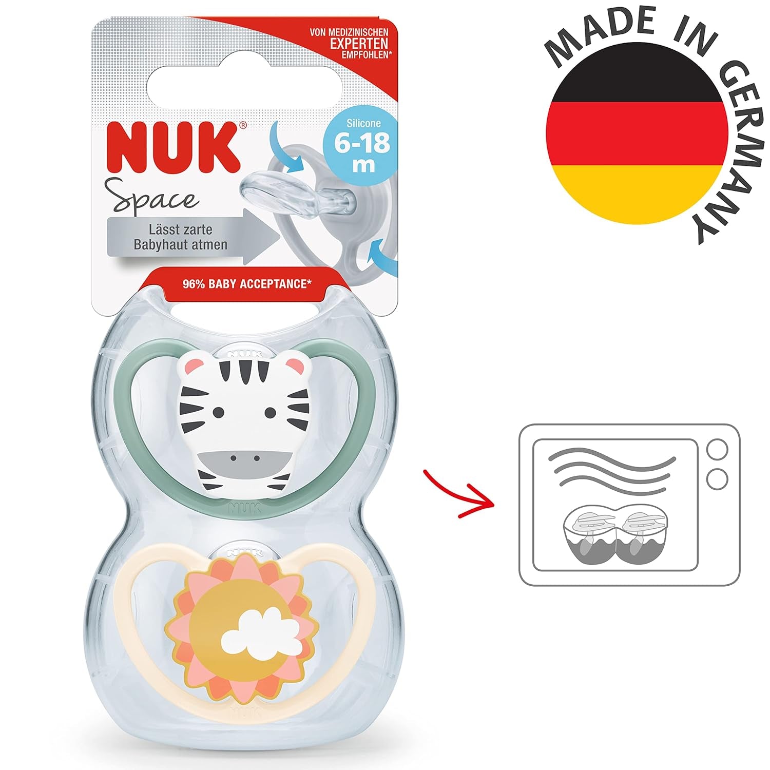 Suzetă NUK Space pentru bebeluși 6-18 luni, suzetă cu deschideri extra mari pentru piele sensibilă, silicon fără BPA, model Zebra, pachet de 2