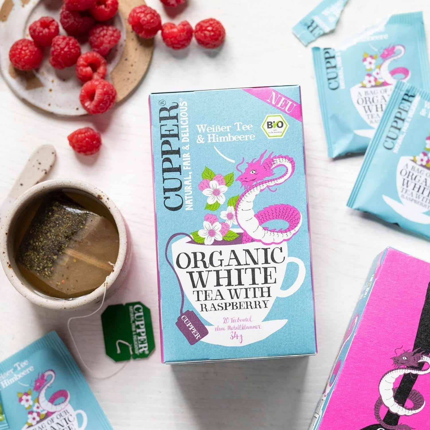 Cupper Ceai alb organic, zmeură, 20 pliculețe, 34 g (pachet cu 4)