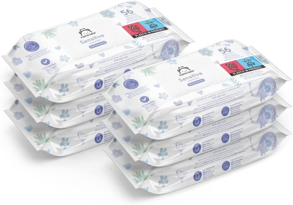 Șervețele sensibile pentru bebeluși Mama Bear, fără parfum Naty Shop 56 bucăți (pachet de 6)