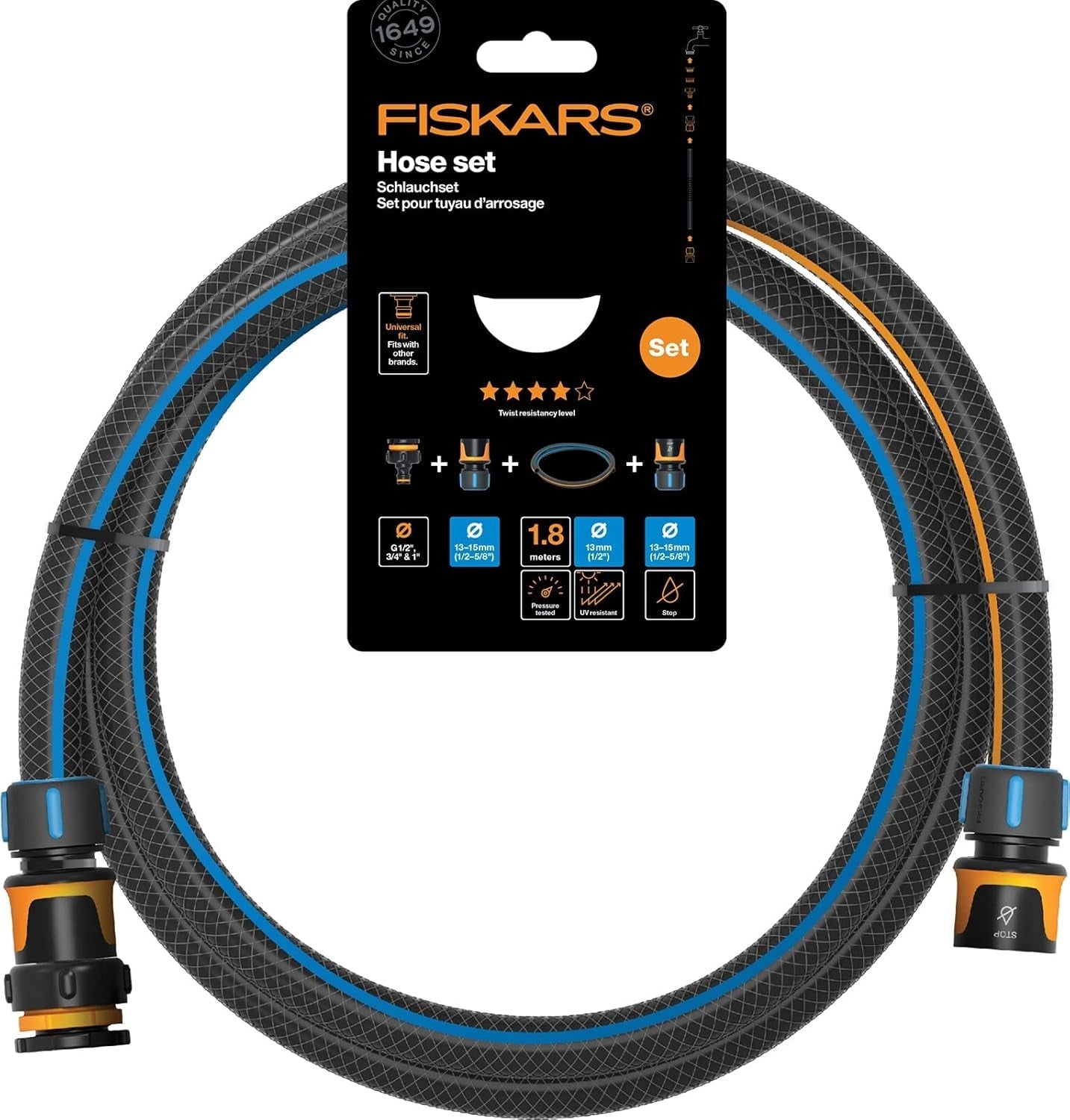 Set furtun de apă Fiskars pentru roată hidraulică, cu 2 conectori furtun și conector robinet, dimensiune universală, nivel de rigiditate torsională 4 (din 5), 1,8 m, Ø1,3-1,5 cm (1/2-5/8"), negru/portocaliu/albastru, 1057621
