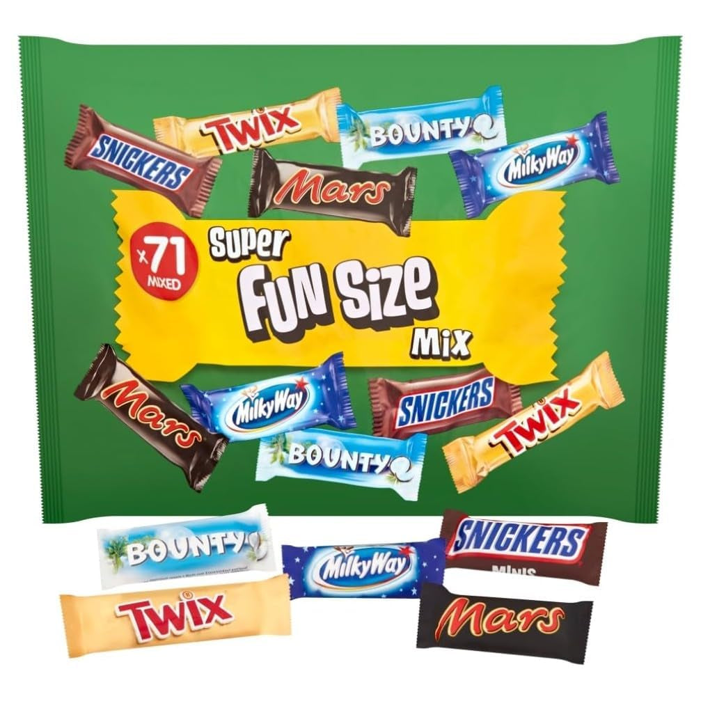 Pachet mixt de mini ciocolată, 71 de mini gustări de ciocolată (Mars, Snickers, Bounty, Twix, Milky Way) sub formă de dulciuri, ideale pentru o seară de fotbal american (1400g)