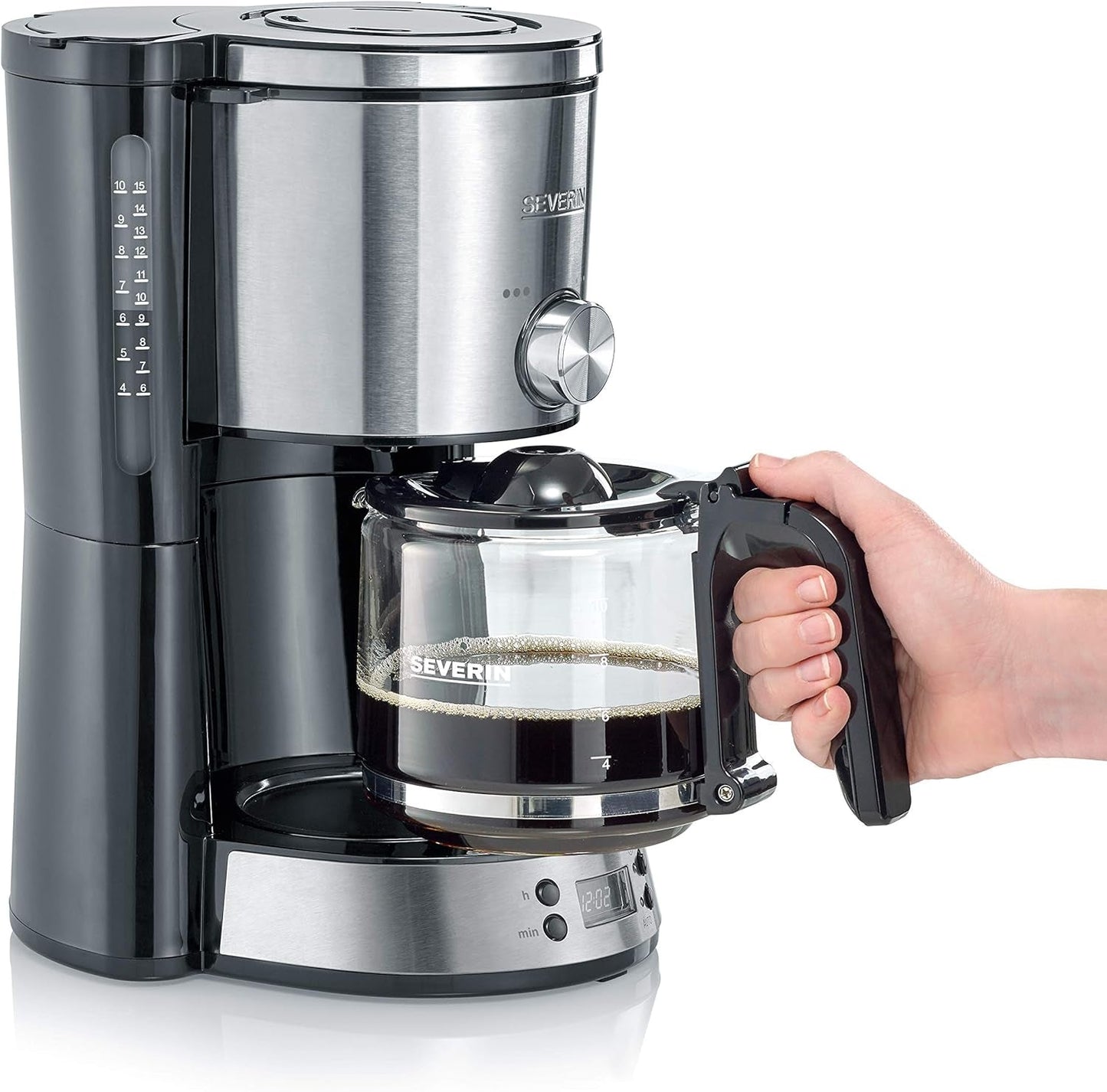 Espressor SEVERIN „TypeSwitch” cu carafă de sticlă și cronometru, AromaSwitch pentru alegerea a 2 opțiuni de preparare, ceas digital cu funcție de cronometru, pentru până la 10 cești, 1000W, oțel inoxidabil periat-negru, KA 4826