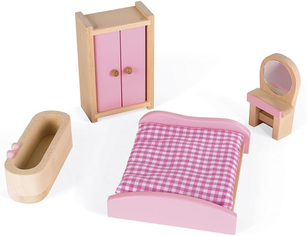 Janod - Casa de păpuși din lemn Mademoiselle, 3 etaje și cu 11 accesorii, replică de jucărie, dezvoltă imaginația, de la 3 ani, J06581, roz Casute de papusi Naty Shop