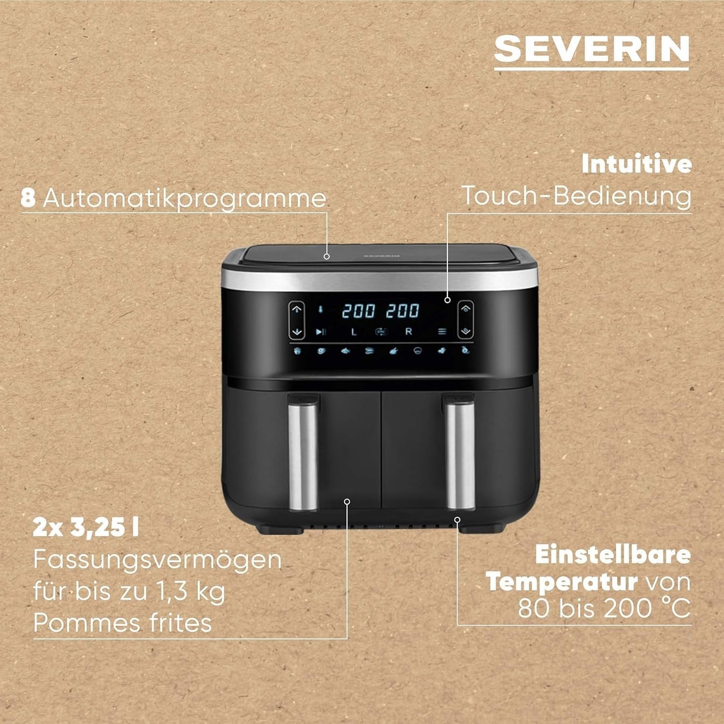 SEVERIN Friteuză cu aer cald dublă cu cameră de gătit de 2 X 3,8 L, 8 programe automate Electrocasnice Naty Shop