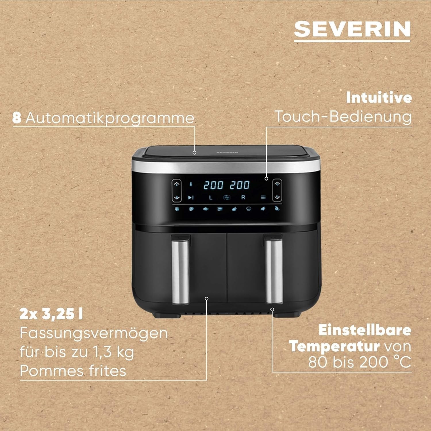 SEVERIN Friteuză cu aer cald dublă cu cameră de gătit de 2 X 3,8 L, 8 programe automate Electrocasnice Naty Shop