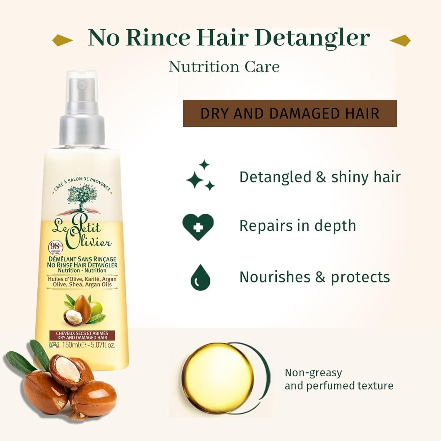 - Spray de descurcare, îngrijire, fără clătire și silicon, uleiuri de măsline, shea & argan, descurcă, repară și hrănește - păr uscat și deteriorat - 150 ml Produse pentru descurcarea părului Naty Shop