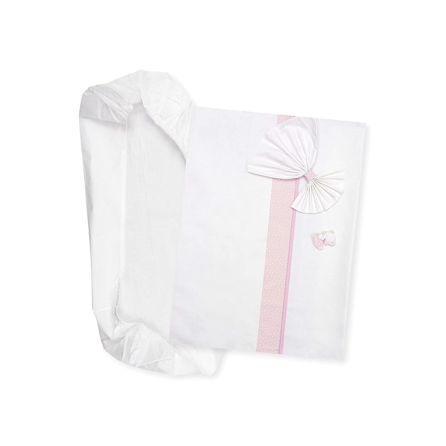 Set de lenjerie de pat Carrycot alb și roz, format din 1 cearșaf cu colțuri, 1 cearșaf de sus cu panglică Aida pentru broderie și 1 față de pernă, 100% bumbac, Made in Italy Plapumi si pilote Naty Shop Roz
