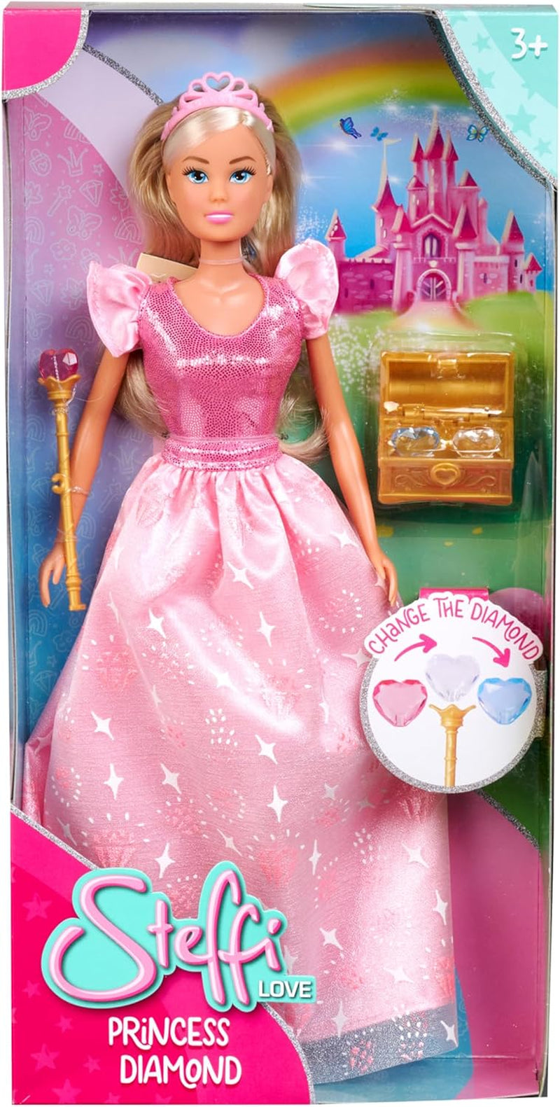 Simba Steffi Love Prințesa Diamant, păpușă de joacă ca prințesă cu cufăr magic cu comori, sceptru și diamante, 29 cm, de la 3 ani