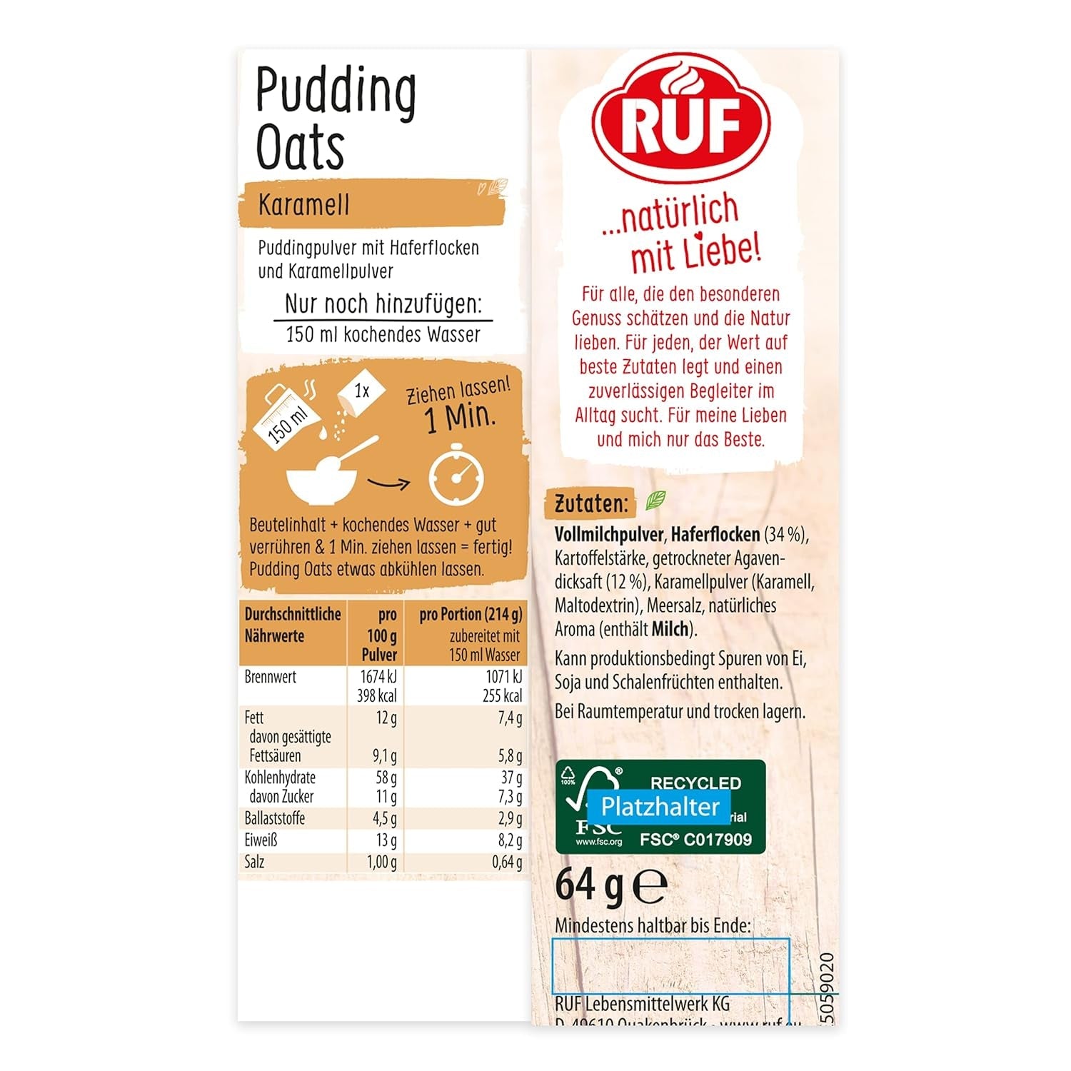 Budincă de ovăz cu caramel, un amestec armonios de budincă de caramel și fulgi de ovăz integrali, fără zahăr, îndulcit cu sirop de agave, 1 plic x 64 g (pachet de 4)