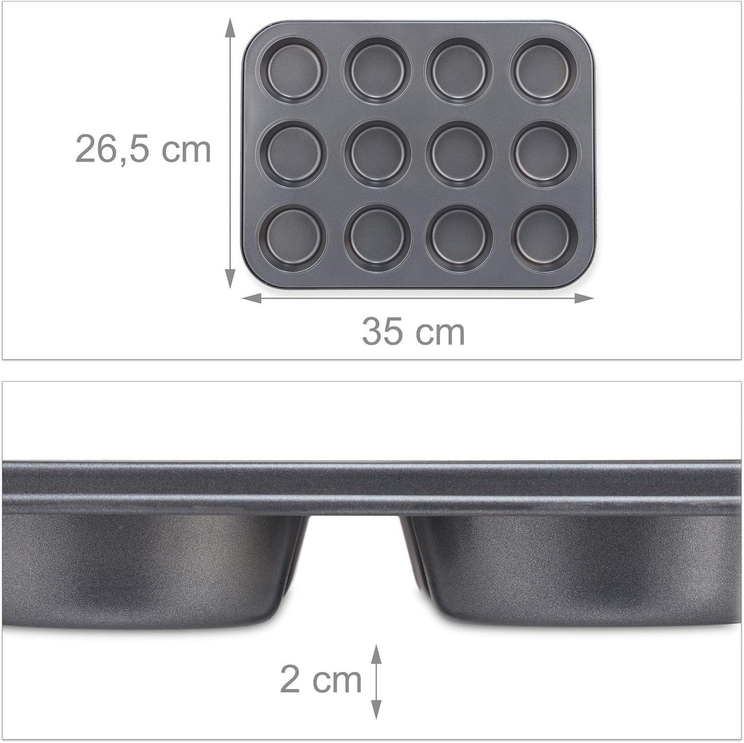 Relaxdays Muffinform, 2Er Set, 12Er Muffinbleche, Antihaftbeschichtet, Carbonstahl, Muffins & Cupcakes, Ø 6,5 Cm, Grau, 10030825 Matrite si tavi pentru copt Naty Shop