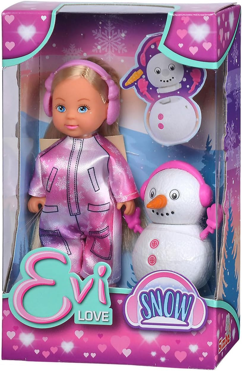 Simba 105733646 - Evi Love Snow, păpușă într-un costum drăguț de zăpadă cu un om de zăpadă construibil, 12 cm, vârste 3+