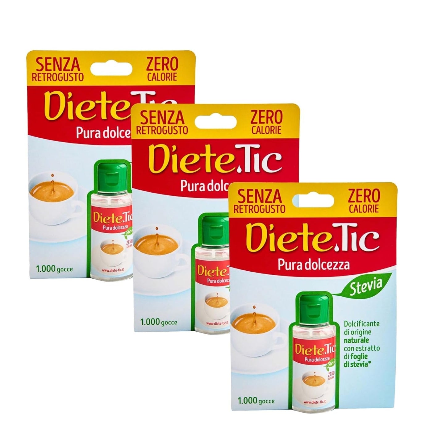 Diete.Tic, Îndulcitor lichid cu stevie, zero calorii, pachet convenabil de 3 x 50 ml (1000 picături), fără gluten, fără conservanți, excelent pentru îndulcirea băuturilor, iaurturilor și salatelor de fructe