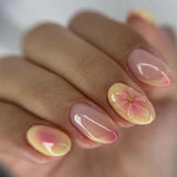 Mouyouglow 30 bucăți unghii false scurte, model floral cu dungi albe, culoare nud, model francez 3D, cu flori Y2K, cu lipici pentru unghii, vârfuri albe, flori argintii ondulate, vară, INS, unghii artificiale