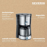 Espressor SEVERIN „TypeSwitch” cu carafă termică, AromaSwitch pentru alegerea între 2 profiluri de preparare, aparat de cafea pentru până la 10 cești, 1000W, oțel inoxidabil periat-negru, KA 4845