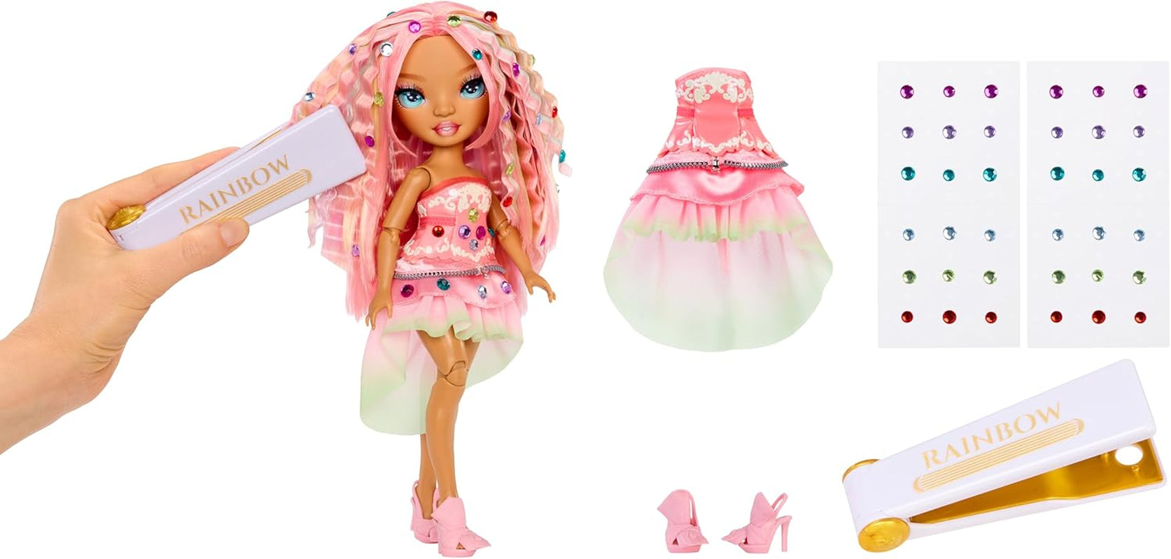 Rainbow High Be Dazzling – Adeline Rose – Păpușă la modă roz, 28 cm, cu unealtă de decorat, pietre prețioase strălucitoare și accesorii de styling