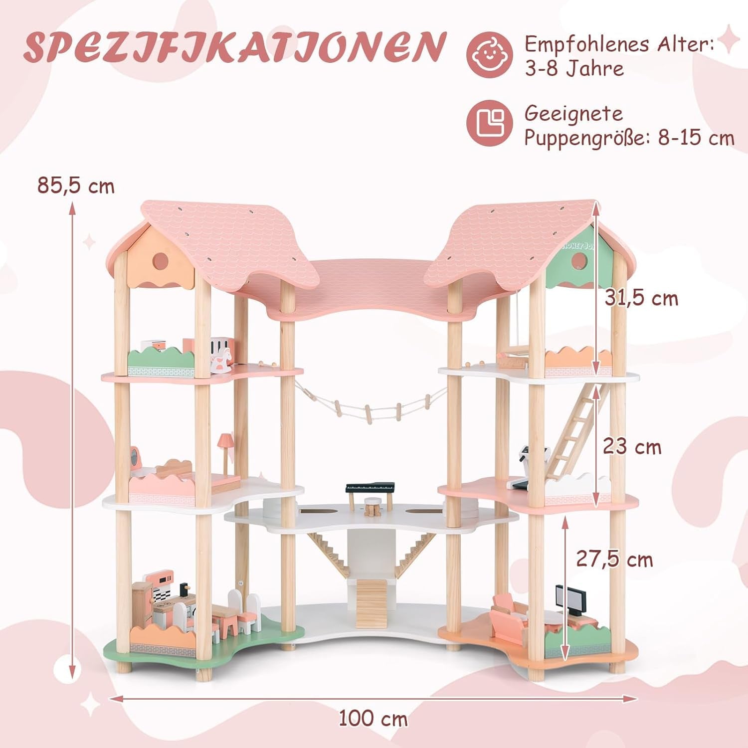 Casă de păpuși din lemn FANTASK, casă de păpuși de 85 cm înălțime 7 camere cu 32 de mobilier și accesorii, vilă de păpuși cu scară de frânghie, cadou de casă de păpuși pentru fete de la 3 ani (Model 3) Casute de papusi Naty Shop