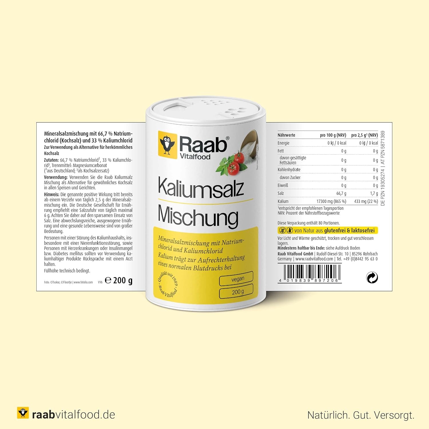 Raab Vitalfood Kaliumsalz-Mischung, Mineralsalzmischung mit 66,7% Natriumchlorid (Kochsalz) und 33% Kaliumchlorid, Kalium trägt zur Aufrechterhaltung eines normalen Blutdrucks bei (1 x 200 g Dose)