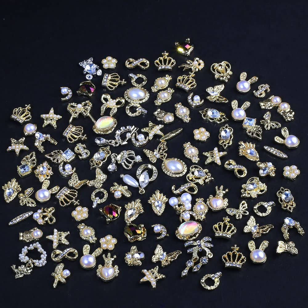 50 Stück Gold Nail Charms,Mix Styles Glitzersteine Nägel Perle Legierung Nagel Steine Blume Schmetterling Strasssteine Nägel Herz Stern Nagel Charms DIY Nail Art Zubehör Frauen Nägel Deko