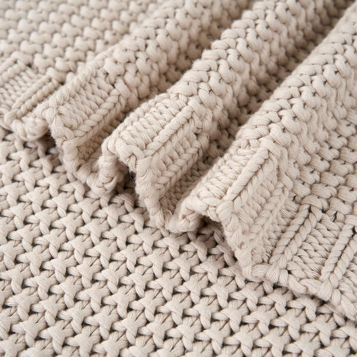 Chunky tricot arunca pătură, Lightweight, Bej, 100% bumbac organic, Pătură pentru canapea, canapea, pat, copil, camera copiilor, Rustic, Shabby chic, Modern farmhouse, 152.4 X 203.2 cm, Inclusiv sac de rufe Paturi si Cuverturi Longhui bedding