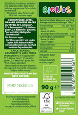biozentrale BioKids Piure de fructe Măr Banană Zmeură Ovăz | 12 x 90g | Gustare fructată fără zahăr adăugat | Vegan (Pachet de 2)