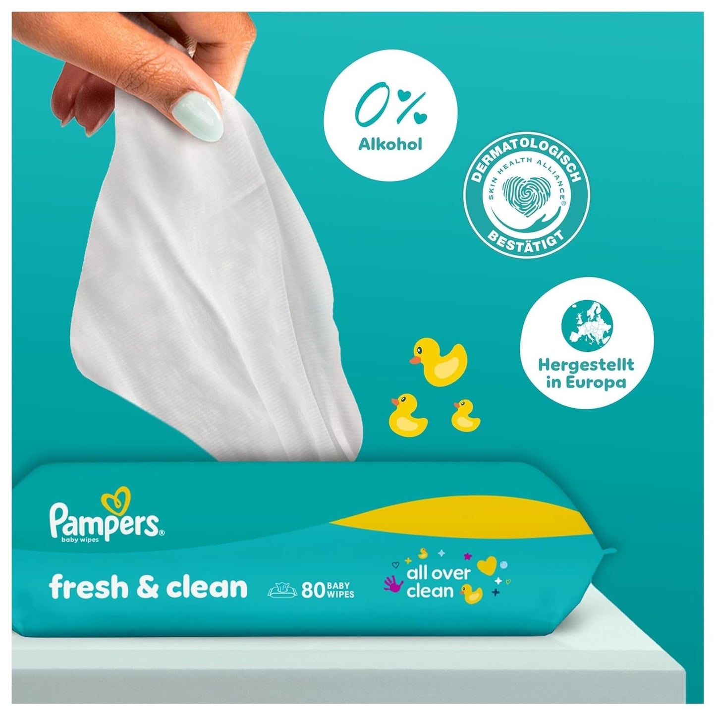 Șervețele umede Pampers Fresh Clean, 15 pachete a câte 80 de șervețele, 1200 de șervețele în total, parfum ușor, potrivite și pentru mâini și față
