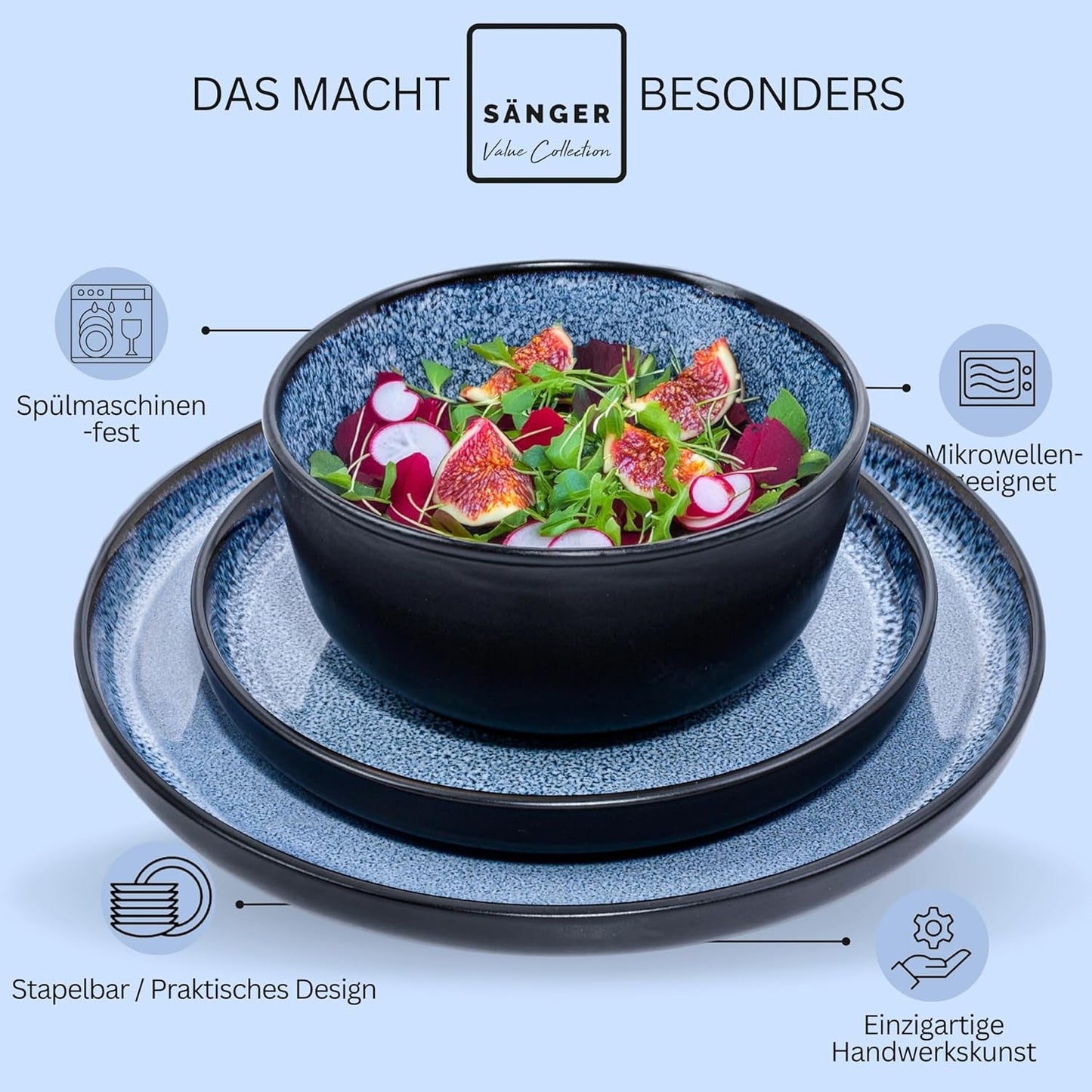 SÄNGER Aruba | Set de veselă din gresie pentru 6 persoane, 6 farfurii de cină, 6 farfurii de mic dejun, 6 farfurii de sumă, 6 boluri pentru paste, albastru cu margine neagră | COLECȚIA VALUE