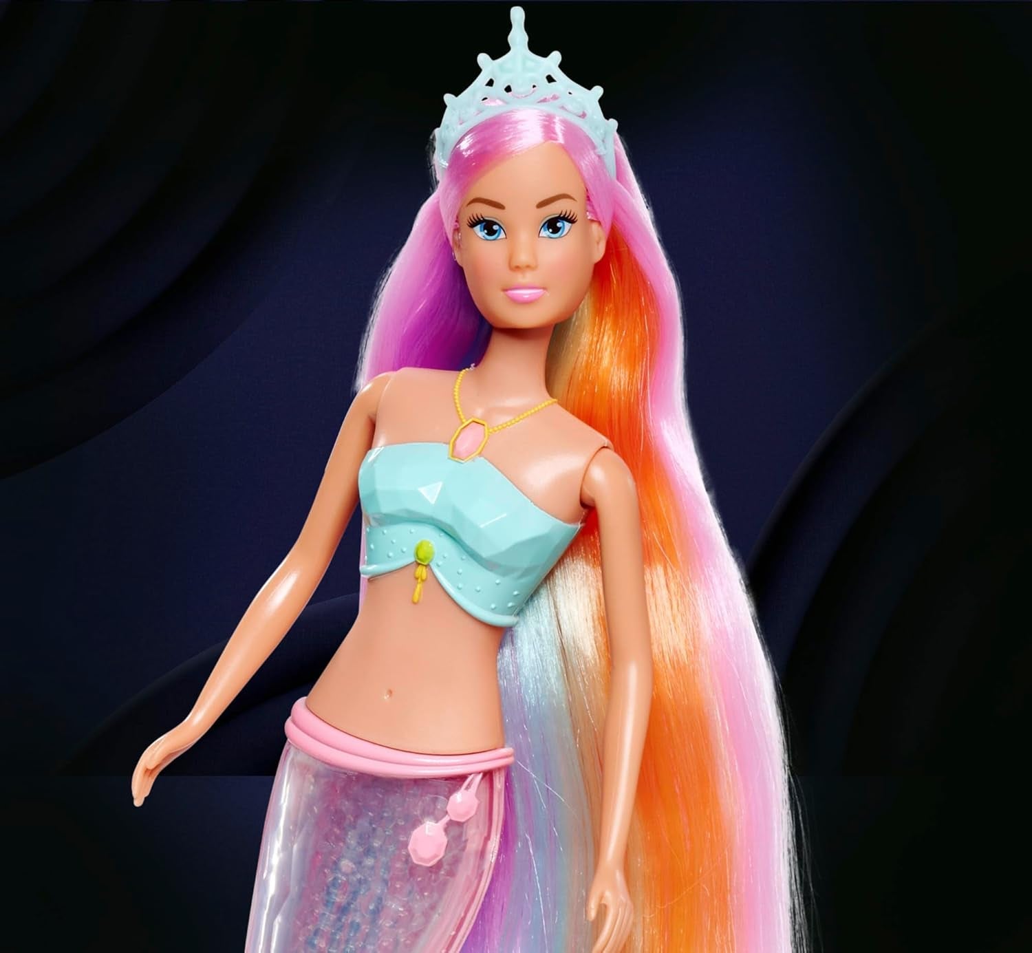 Steffi Love Sirena Curcubeu Magic, păpușă sirenă cu funcție de lumină curcubeu magică și păr extra lung, 39 cm, vârste 3+