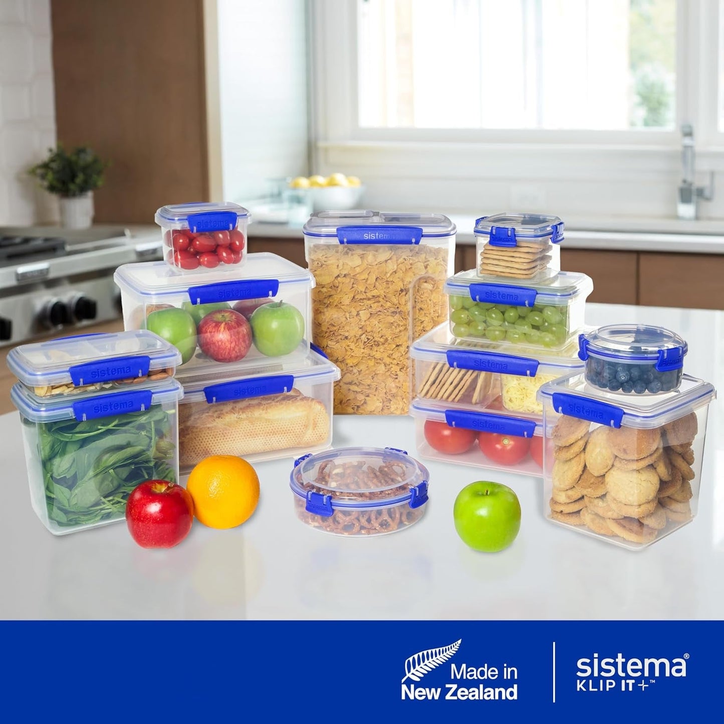 Borcan pentru depozitarea alimentelor Sistema KLIP IT | 9,67 l | borcan de depozitare stivuibil și etanș cu capac, potrivit pentru frigider/congelator | plastic fără BPA | clipsuri albastre | 1 bucată (pachet de 4) Cutii depozitare alimente Naty Shop