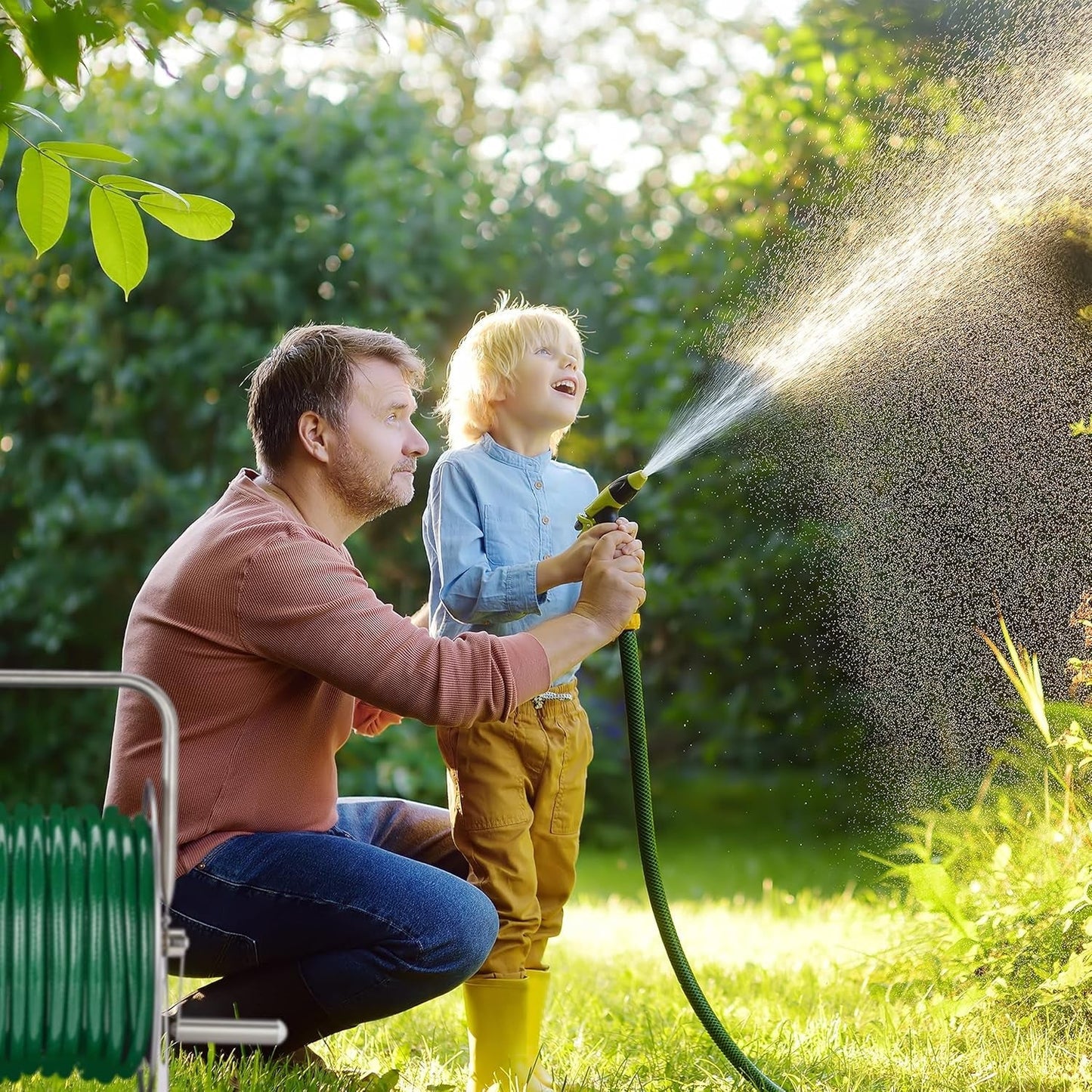 Relaxdays Rolă furtun din oțel inoxidabil, înfășurare furtun gol, montare pe podea și perete, pentru furtun de grădină de 40 m, rolă furtun, argintiu, 43,5 x 43,5 x 31,5 cm