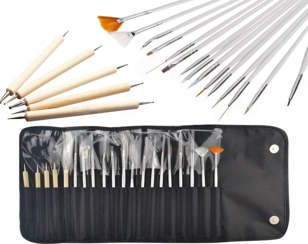® 20 X Pensule profesionale pentru unghii, gel, pensule pentru pictură, pensule pentru artist, trusă de pensule pentru unghii franceze, set de instrumente cu vârfuri punctate, pentru design unghii, pictură, model cu puncte etc., cu geantă