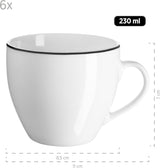 Mäser, seria Nola, serviciu modern de cafea pentru 6 persoane, alb cu margine neagră, set de veselă cu 18 piese, cești de cafea, farfurioare și farfurii de desert - serviciu rotund de cafea, set de cafea, alb