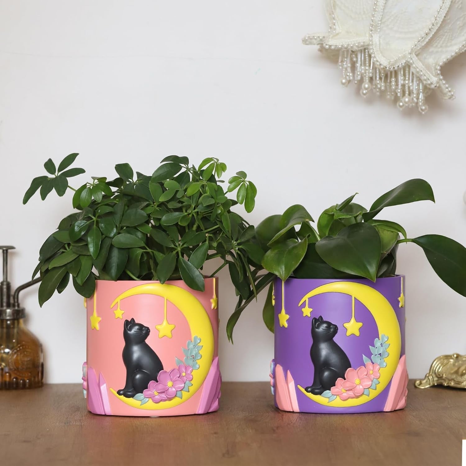 Ghivece drăguțe GUGUGO cu pisică lunară, ghiveci unic cu drenaj, culori curcubeu, ghivece mici pentru plante de apartament, ghiveci distractiv pentru grădină suculente, cadou, decorațiune pentru casă (C)