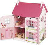 Janod - Casa de păpuși din lemn Mademoiselle, 3 etaje și cu 11 accesorii, replică de jucărie, dezvoltă imaginația, de la 3 ani, J06581, roz Casute de papusi Naty Shop