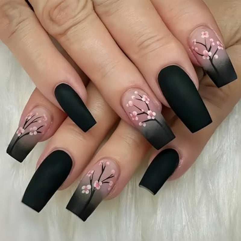 24 de bucăți de unghii French Press negre de toamnă, unghii lungi cu flori roz, unghii artificiale pentru lipit, set de unghii artificiale de toamnă cu accesorii