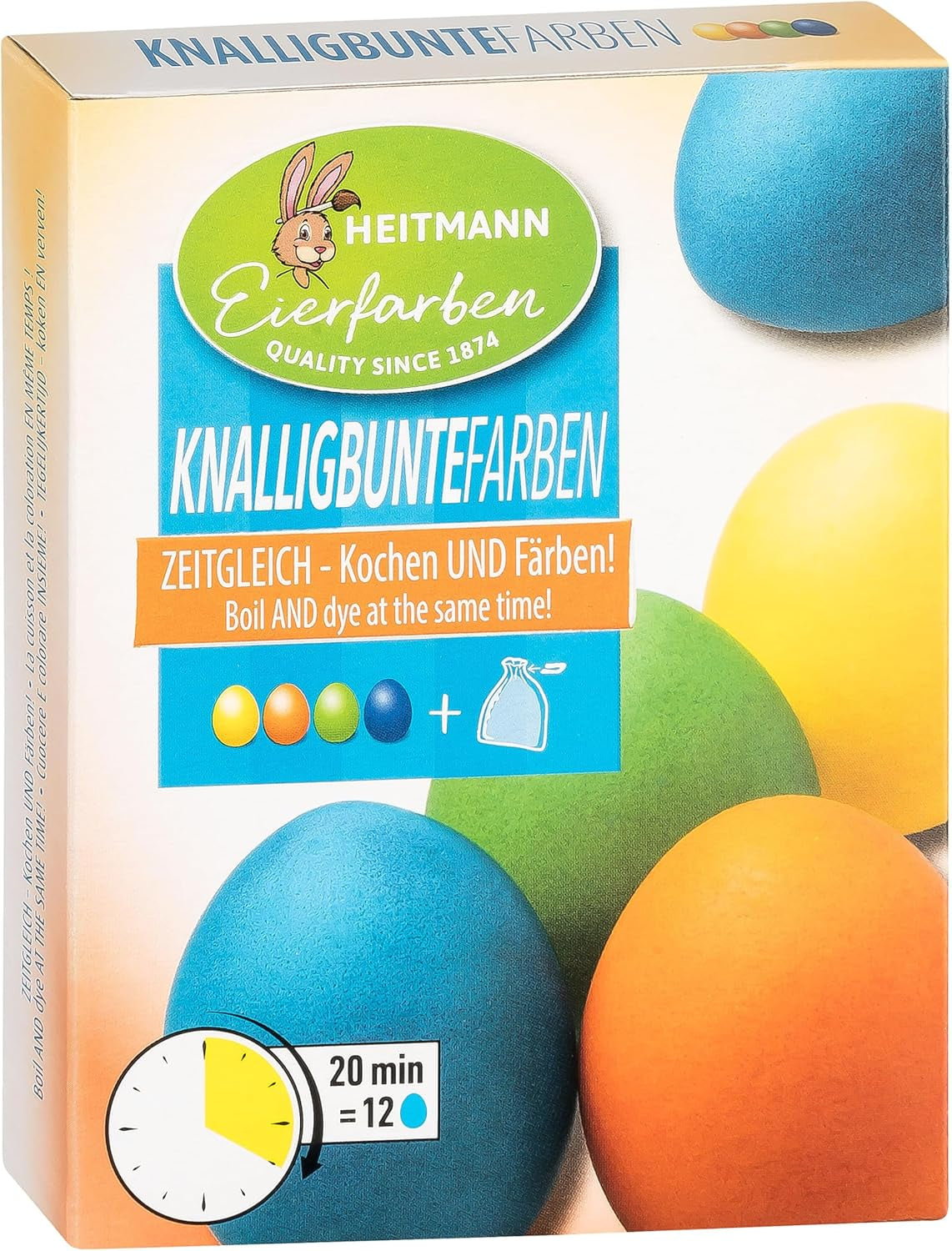 Culori de ou Heitmann, culori strălucitoare - 4 sticle de coloranți de ou (galben, portocaliu, verde, albastru), 2 intensificatori de culoare, 4 pungi de colorant, 4 cleme