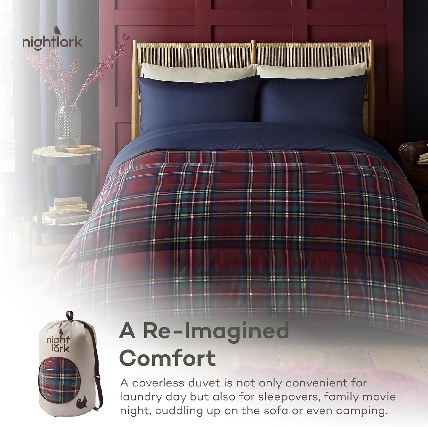 Set plapumă și față de pernă Night Lark, 10,5 tog, pat single, tartan roșu clasic, lenjerie de pat de lux, hipoalergenică, lavabilă la mașină Plapumi si pilote Naty Shop