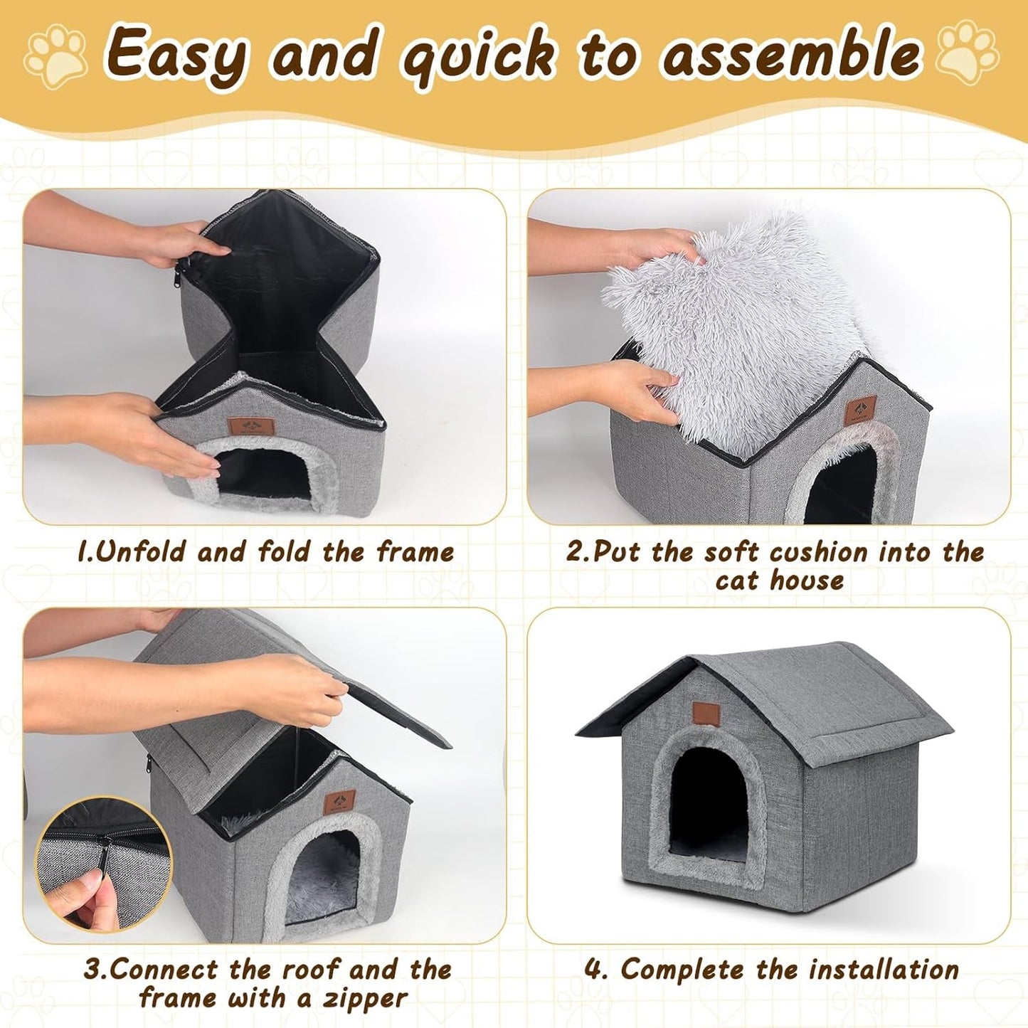 Katzenhaus Outdoor Winterfest, Katzenhöhle, Hundehöhle mit Abnehmbarem Plüschkissen, Wasserdicht Wetterfester, Hundehütte Indoor, Hundehaus für Drinnen/Indoor 35x30x35cm (Grau, S)
