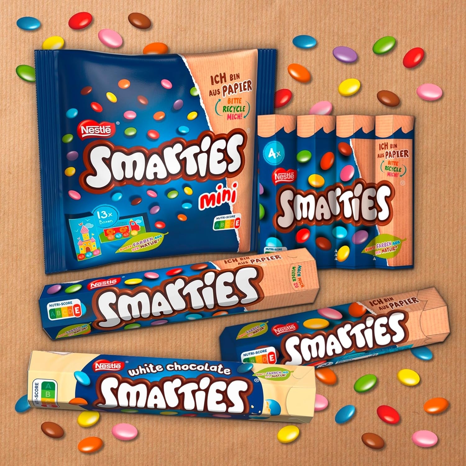 Nestlé SMARTIES Multipack, rulou mic, linte colorată cu ciocolată, ideal pentru zilele de naștere ale copiilor, culori naturale, rulou hexagonal, pachet de 12 (12x (4 x 34g))