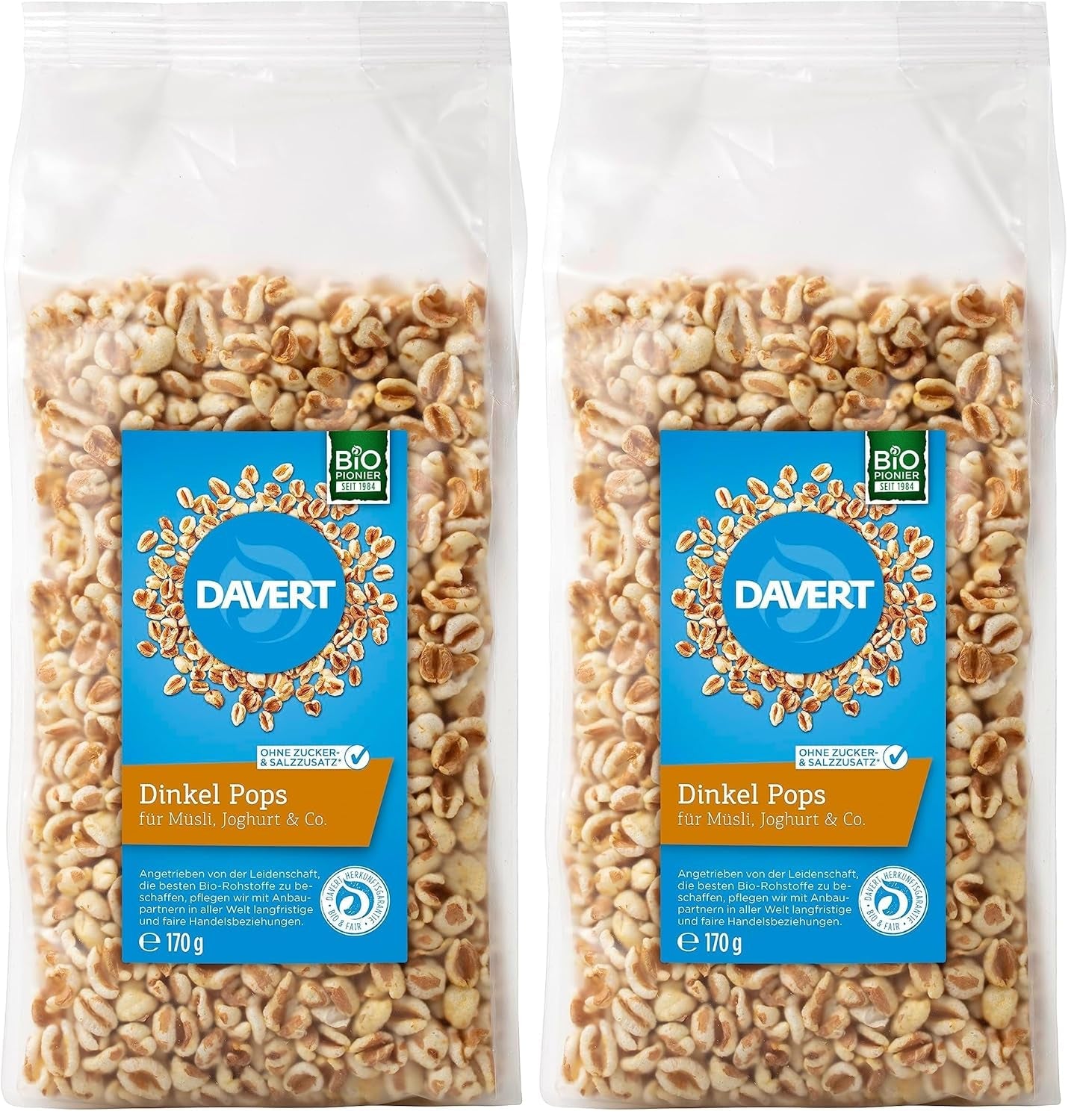 Acadele din speltă Davert 170g – Boabe aromate de speltă expandate, aerisite și ușoare, cu o aromă delicată de prăjire – 100% calitate organică Davert (1 x 170g)